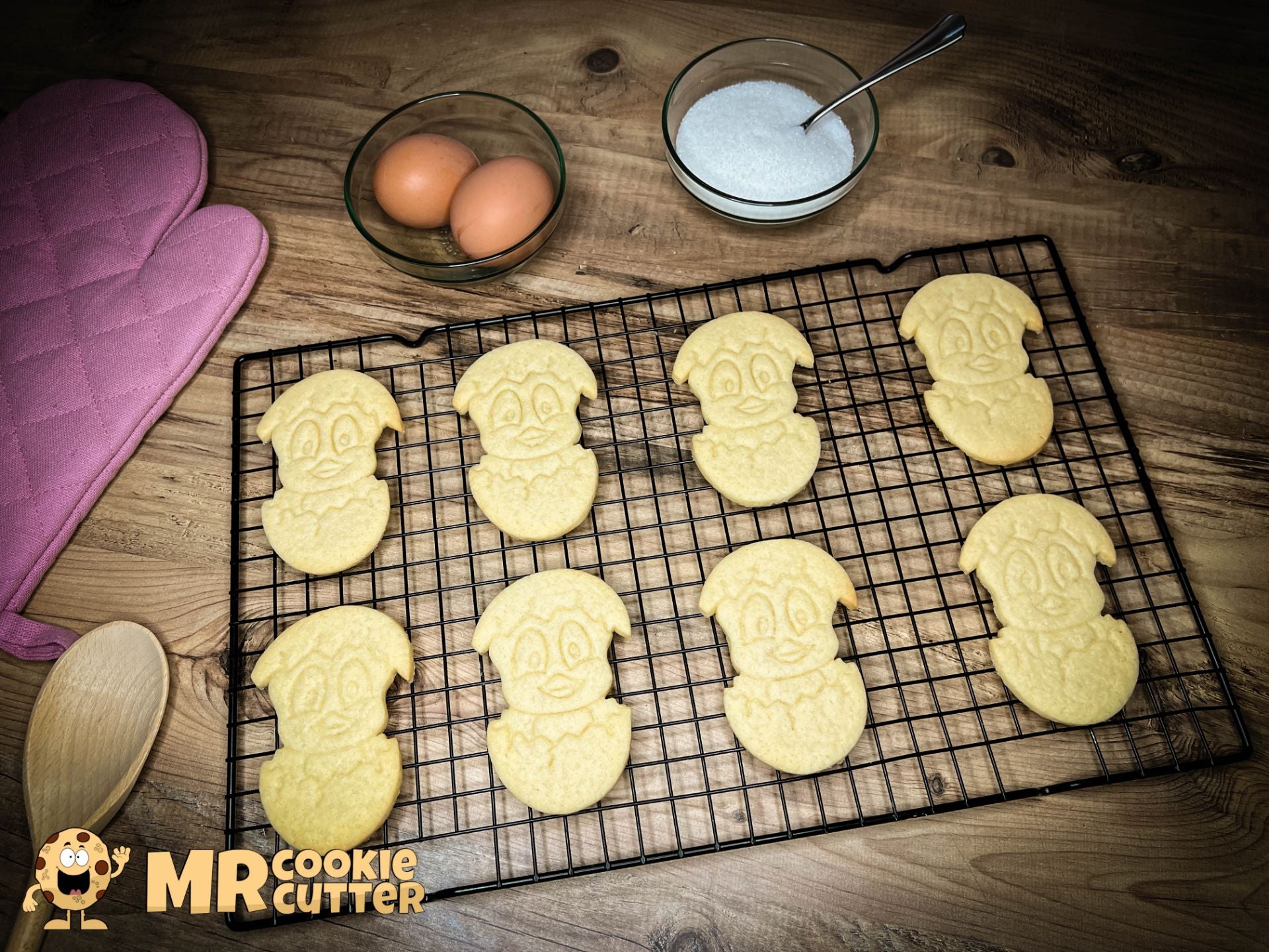 Easter Chick Cookie Cutter Cookies on a cooling rack