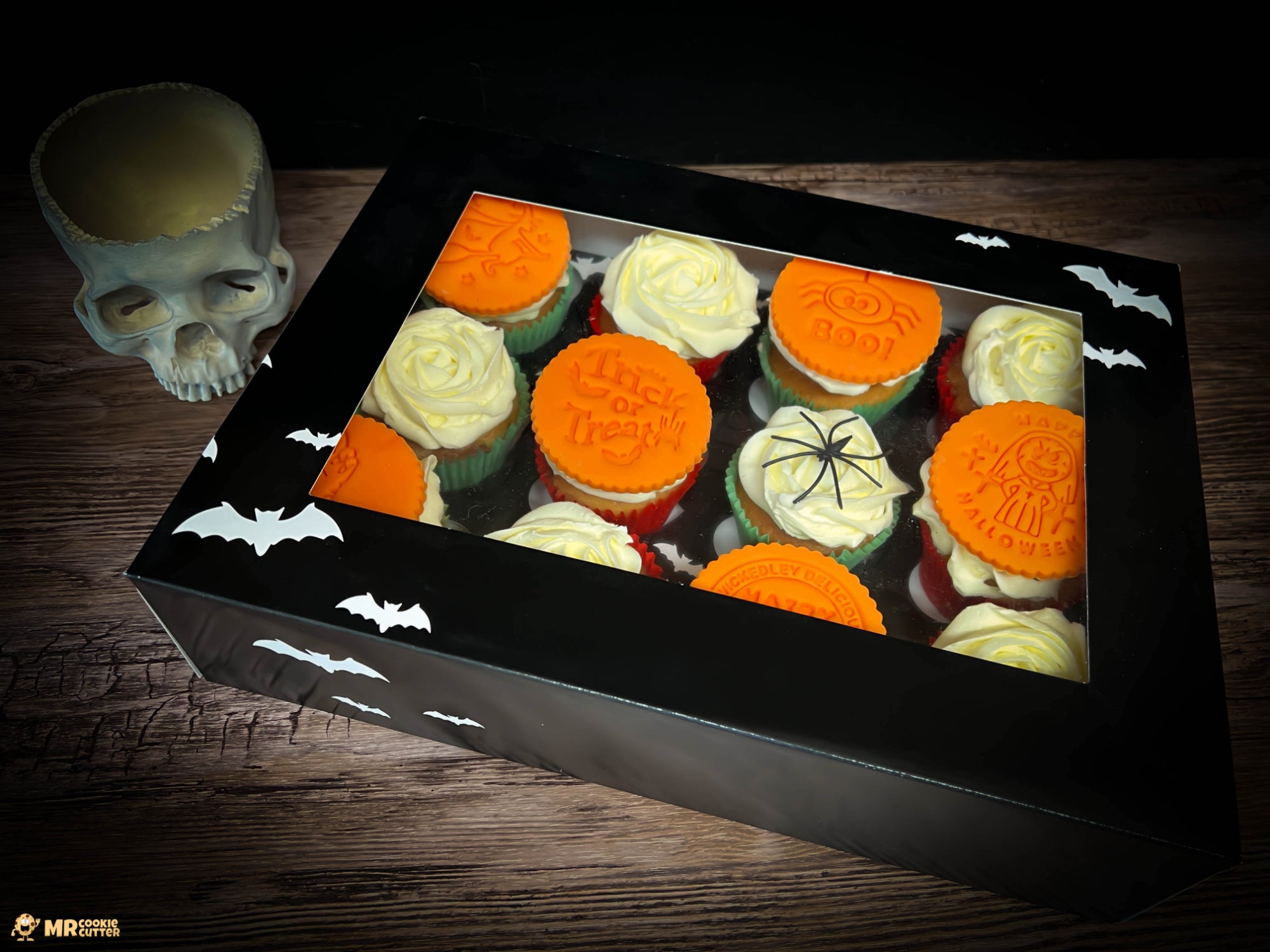 Halloween Cupcake Toppers in a closed black Halloween Cupcakes box