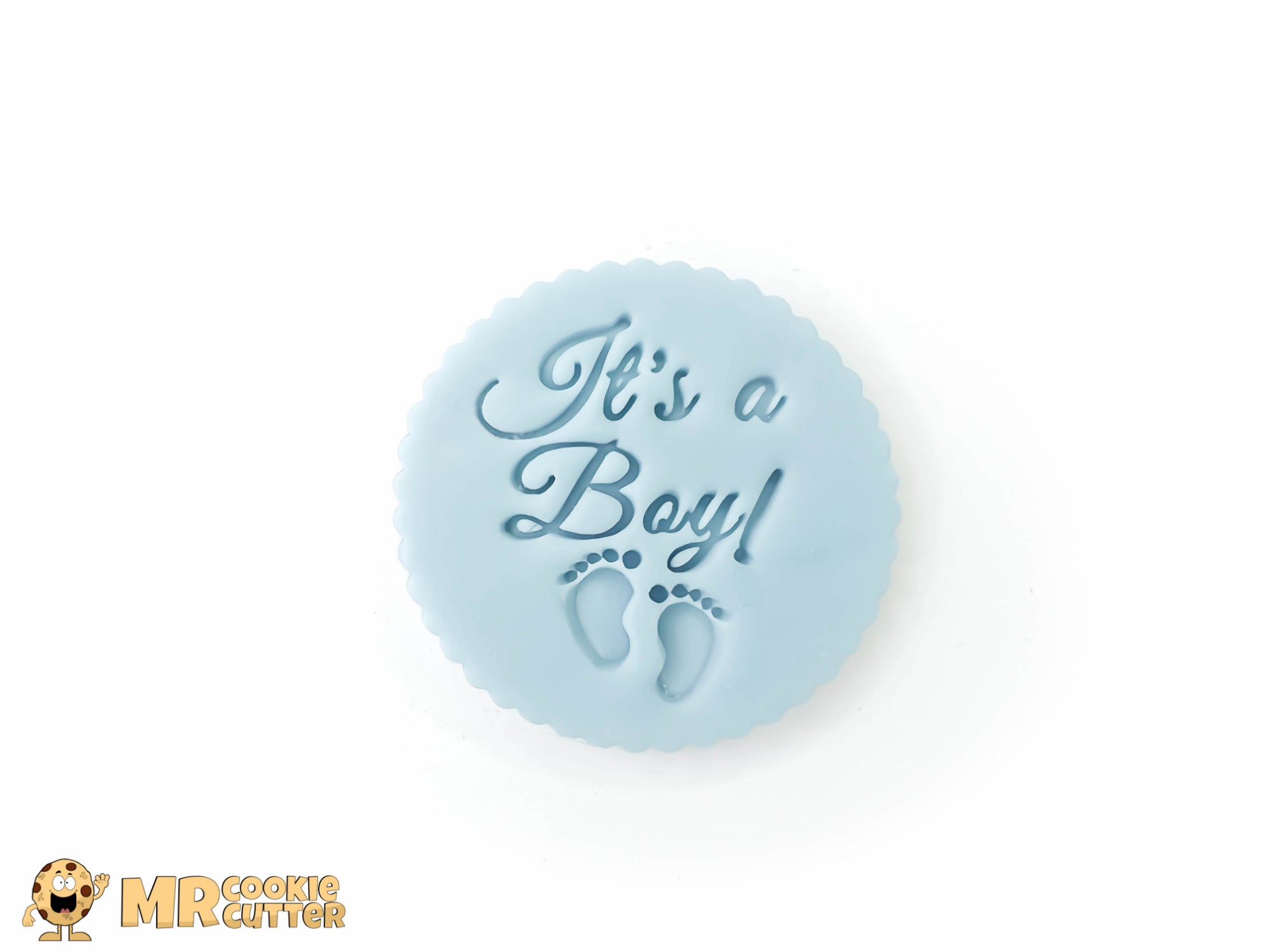 It's a boy gender reveal Cupcake Topper with baby footprints