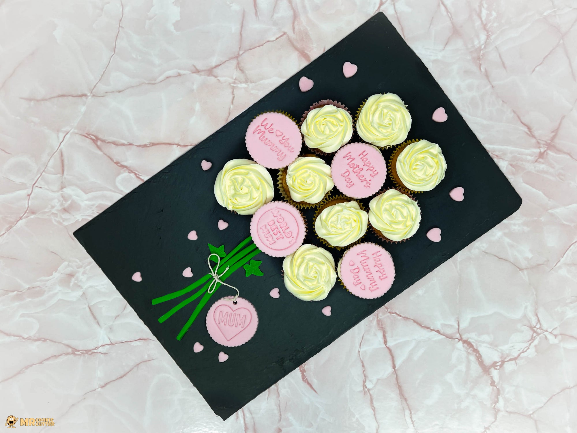 Fondant Stamp Cupcake Topper Bouquet on a slate serving board