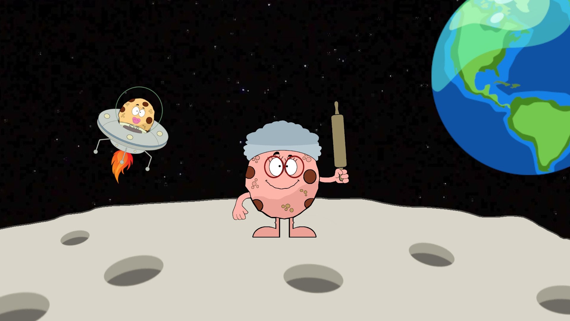 Grandma Cookie Character standing on the moon